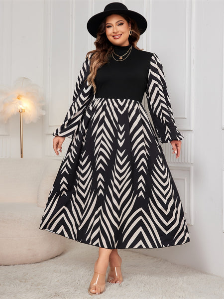 Honey Plus Size Printed Mock Neck Long Sleeve Midi Dress
